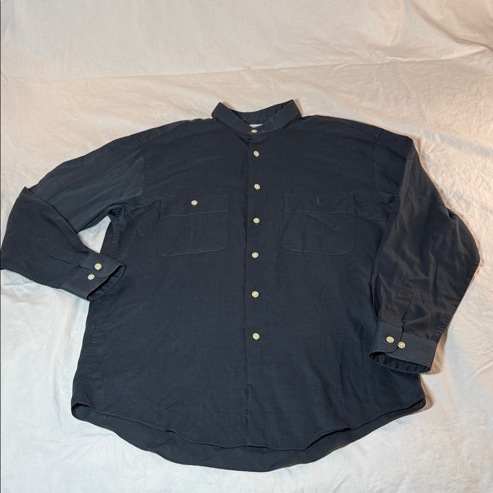 Yves Saint Laurent Navy Mandarin Collar Button-Down Shirt